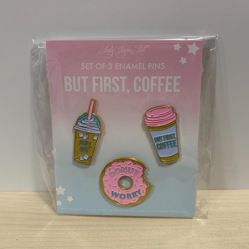 Lady Jayne Enamel Pins But First Coffee Donut Frappe Pin Set
